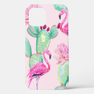 Pink flamingo, exotic birds, gentle flowers, rose, iPhone 12 case