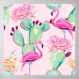 Pink flamingo, exotic birds, gentle flowers, rose, poster