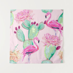 Pink flamingo, exotic birds, gentle flowers, rose, tapestry