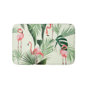 Pink Flamingo Exotic Flowers Pattern Bath Mat