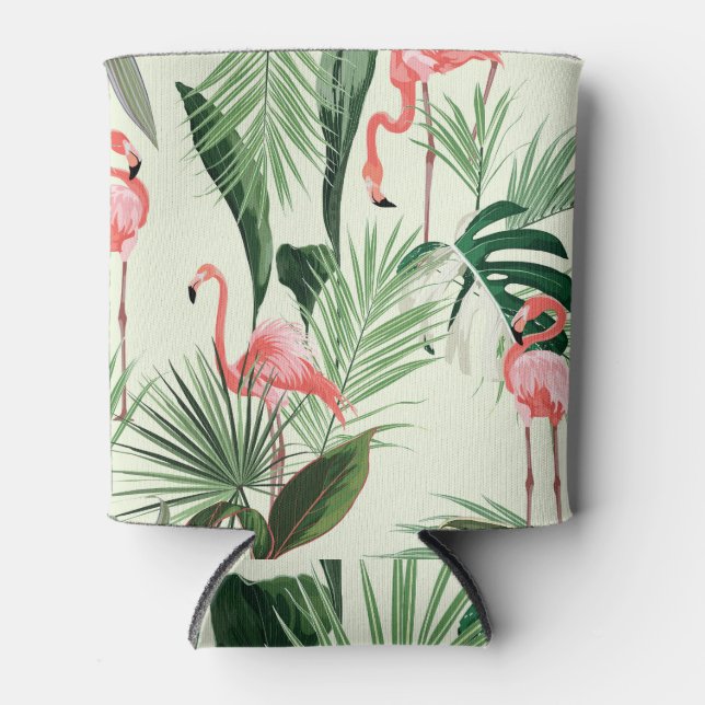 Pink Flamingo Exotic Flowers Pattern Can Cooler (Front)