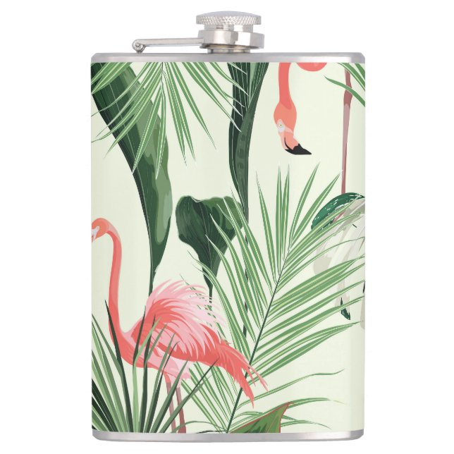 Pink Flamingo Exotic Flowers Pattern Hip Flask (Front)