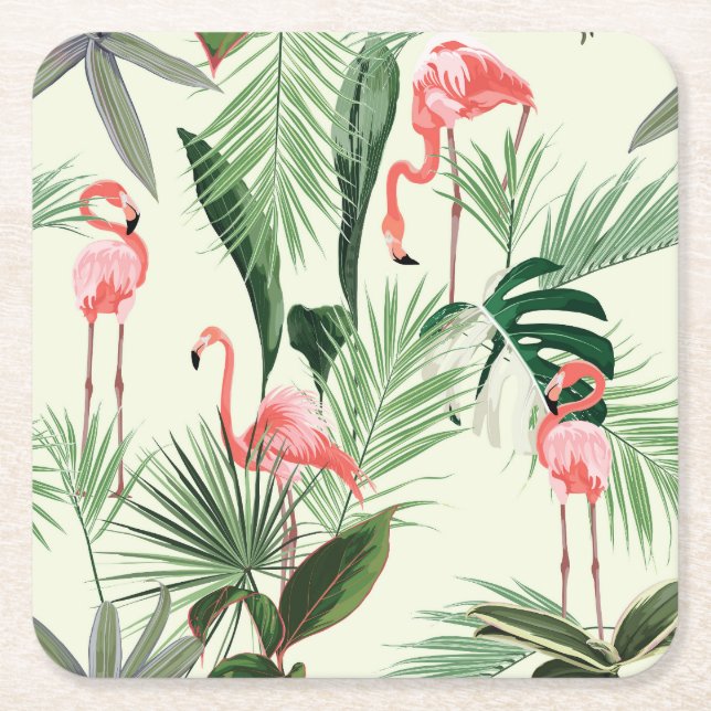 Pink Flamingo Exotic Flowers Pattern Square Paper Coaster (Front)
