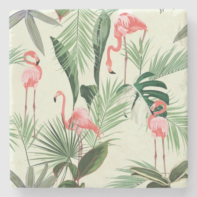 Pink Flamingo Exotic Flowers Pattern Stone Coaster (Front)