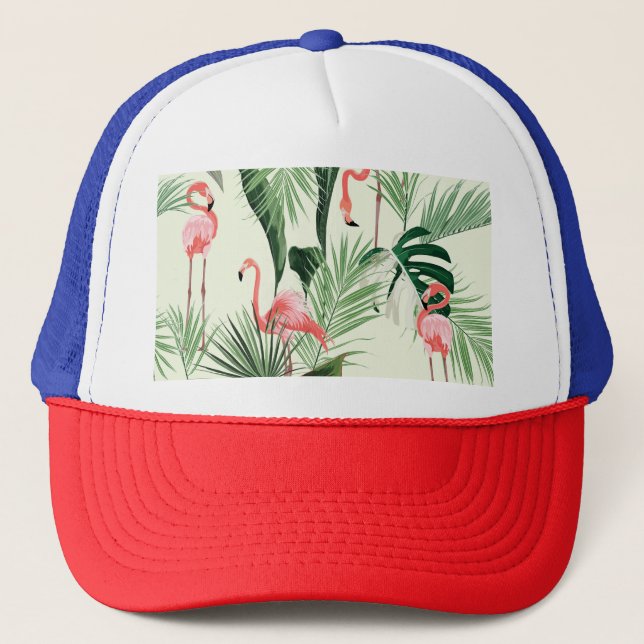 Pink Flamingo Exotic Flowers Pattern Trucker Hat (Front)