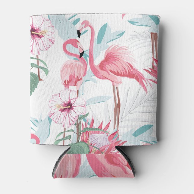 Pink Flamingo: Exotic Flowers Seamless. Can Cooler (Front)