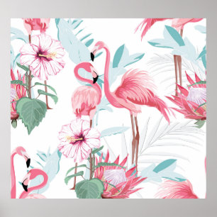 Pink Flamingo: Exotic Flowers Seamless. Poster
