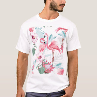 Pink Flamingo: Exotic Flowers Seamless. T-Shirt