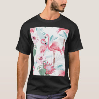 Pink Flamingo: Exotic Flowers Seamless. T-Shirt