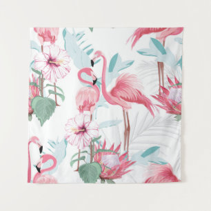 Pink Flamingo: Exotic Flowers Seamless. Tapestry