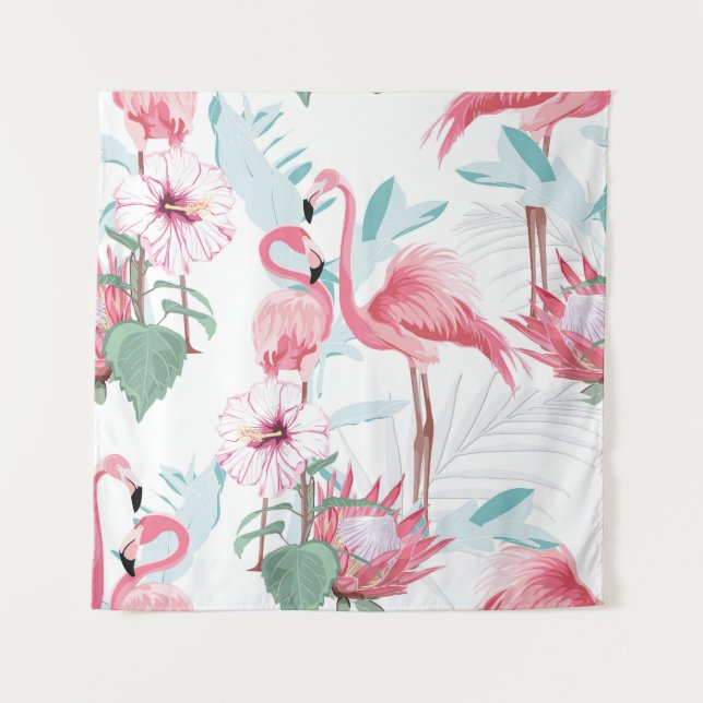 Pink Flamingo: Exotic Flowers Seamless. Tapestry (Front)