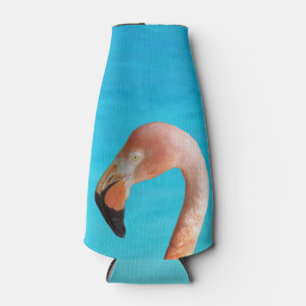 Pink flamingo face against blue water bottle cooler