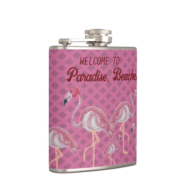 Pink Flamingo Flamingos Paradise Beach  Hip Flask (Right)