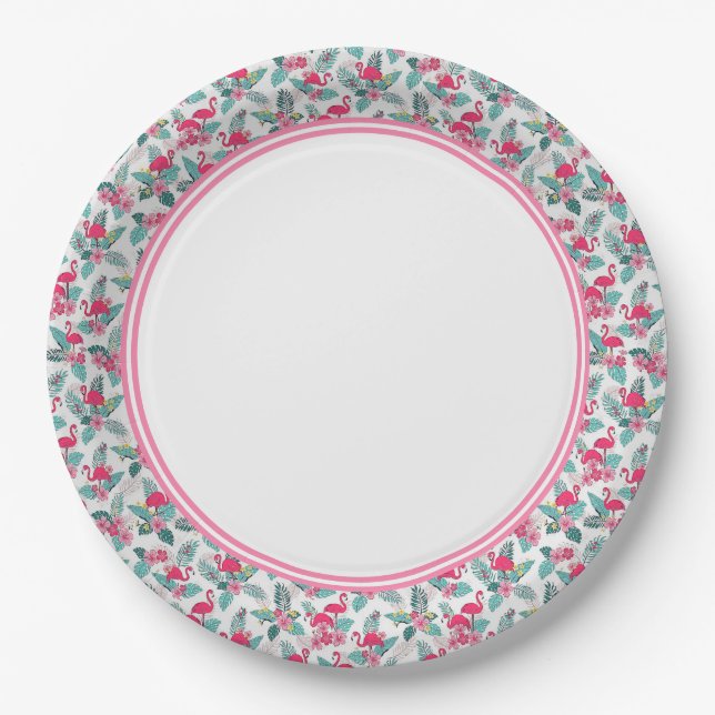 Pink Flamingo Flock Border Paper Plate (Front)