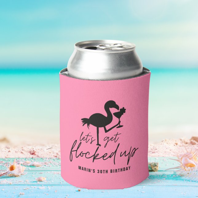 Pink Flamingo Flocked Up Tropical Birthday Can Cooler (Creator Uploaded)
