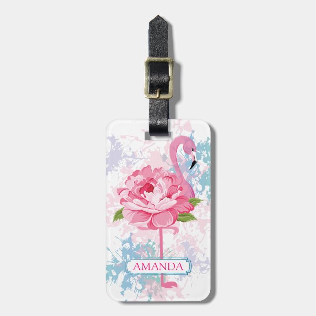 Pink flamingo Floral design Personalised Luggage Tag (Front Vertical)
