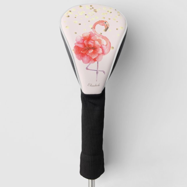 Pink Flamingo Flower,Gold Confetti      Golf Head Cover (Front)
