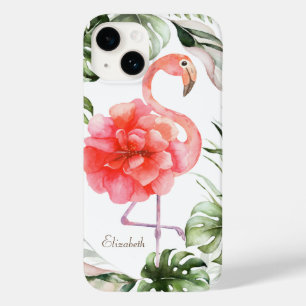Pink Flamingo Flower,Gold Confetti Palm Leaf Case-Mate iPhone 14 Case