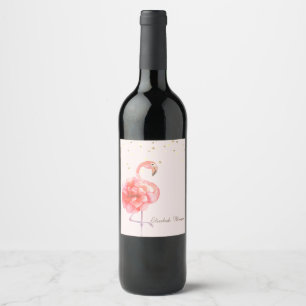 Pink Flamingo Flower,Gold Confetti   Wine Label