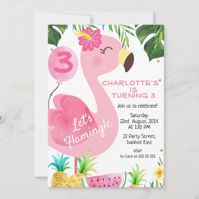 Pink Flamingo Foliage Fruit Flamingle Birthday Invitation (Front)