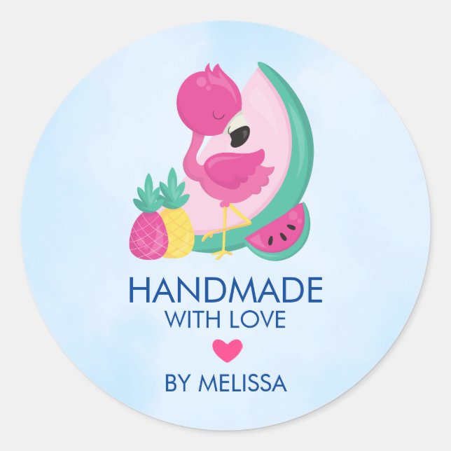 Pink Flamingo & Fruits Handmade with Love Classic Round Sticker (Front)