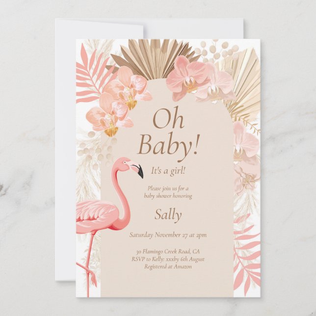 Pink flamingo girl baby shower invitation (Front)