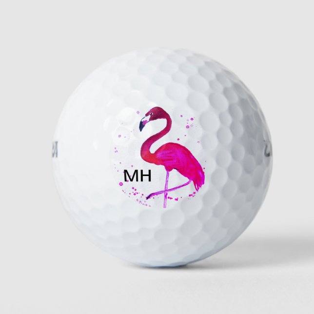 Pink Flamingo Girly Tropical Bird Beach Monogram Golf Balls (Front)