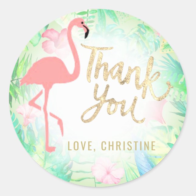 pink flamingo gold thank you classic round sticker (Front)