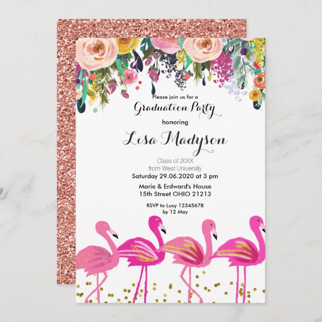 Pink Flamingo Graduation Party Invitation (Front/Back)