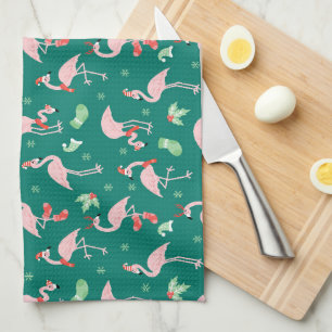 Pink Flamingo Green Christmas Holiday Pattern Tea Towel