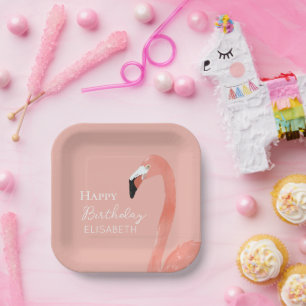 Pink Flamingo Happy Birthday Personalised Name Paper Plate
