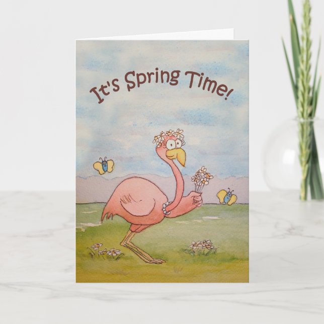 Pink Flamingo Happy Spring Paper Greeting Card (Front)