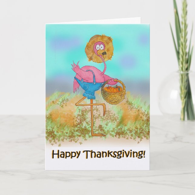 Pink Flamingo Happy Thanksgiving Pumpkin Card (Front)