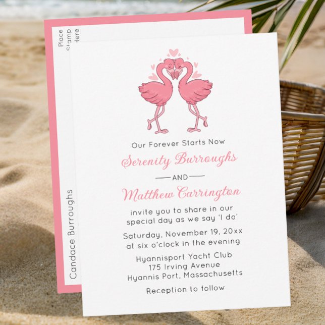 Pink Flamingo Hawaiian Tropical Beach Wedding Invitation Postcard (Creator Uploaded)
