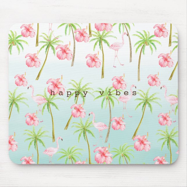 Pink Flamingo Hibiscus Flowers Tropical Palm Trees Mouse Pad (Front)