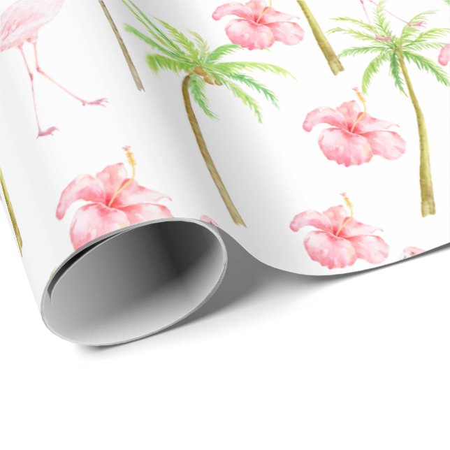 Pink Flamingo Hibiscus Flowers Tropical Palm Trees Wrapping Paper (Roll Corner)