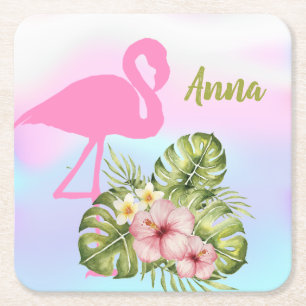 Pink Flamingo Hibiscus Holographic Square Paper Coaster