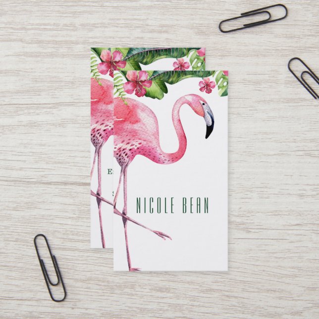 Pink Flamingo & Hibiscus Tropical Floral Leaves Business Card (Front/Back In Situ)