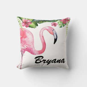 Pink Flamingo & Hibiscus Tropical Floral Summer Cushion