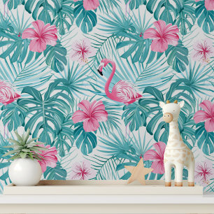 Pink Flamingo Hibiscus Tropical Greenery Wallpaper