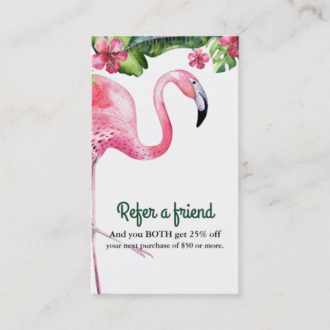 Pink Flamingo & Hibiscus Tropical Refer a Friend Referral Card (Front)