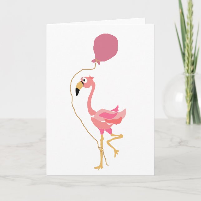 Pink Flamingo Holding Balloon Card (Front)