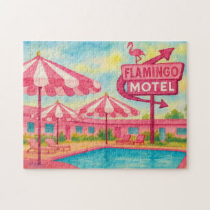 Pink Flamingo Hotel Pool Beach Summer Vibes Jigsaw Puzzle
