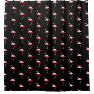 Pink Flamingo Illustration Tropical Pattern Black Shower Curtain