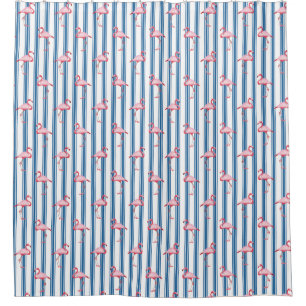 Pink Flamingo Illustration Tropical Pattern Stripe Shower Curtain