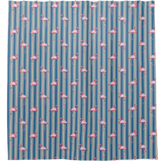 Pink Flamingo Illustration Tropical Pattern Stripe Shower Curtain (Front)