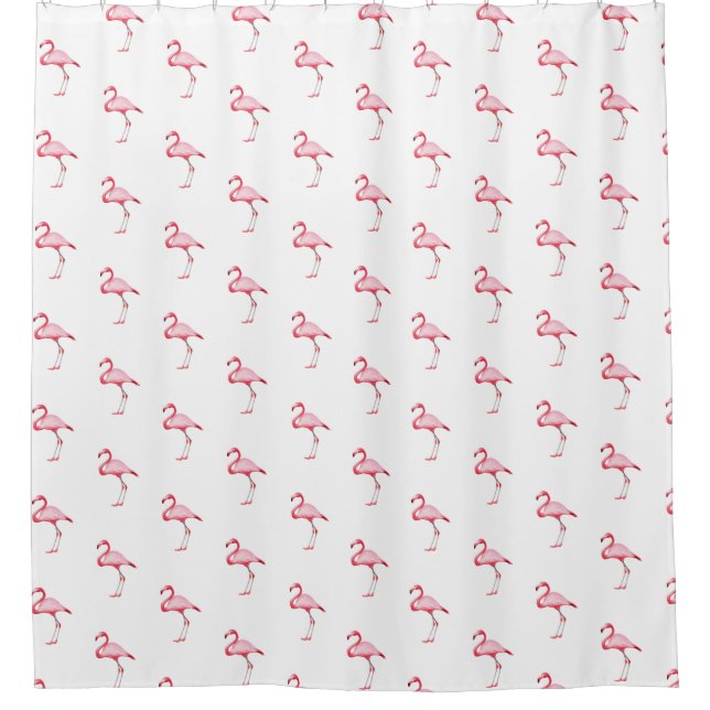 Pink Flamingo Illustration Tropical Pattern White Shower Curtain (Front)