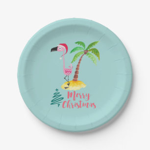 Pink Flamingo In A Santa Hat By A Palm Tree Paper Plate