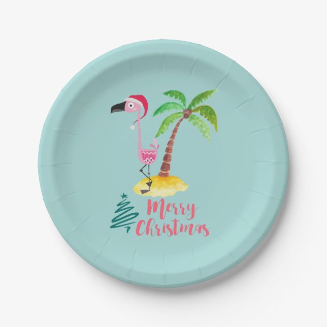 Pink Flamingo In A Santa Hat By A Palm Tree Paper Plate (Front)
