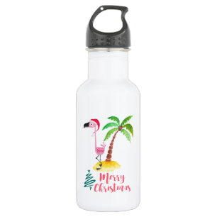 Pink Flamingo In A Santa Hat By A Palm Tree Xmas 532 Ml Water Bottle